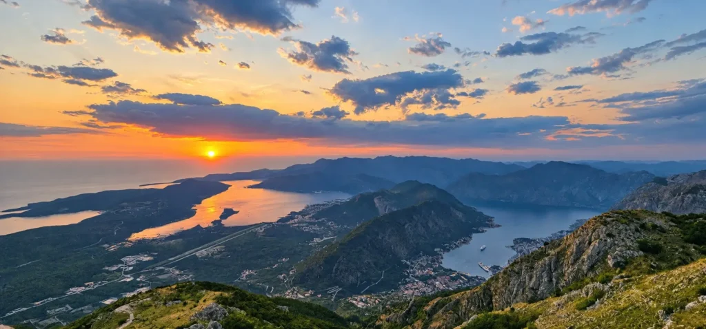 Sunset over the Bay of Kotor from the mountains above, Montenegro