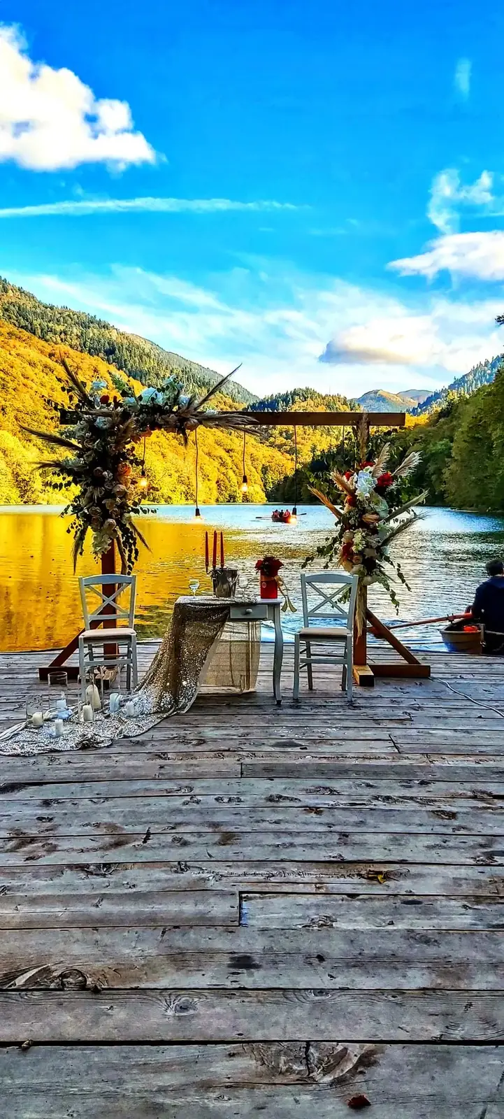 Lakeside table set on a wooden pier at Biogradsko Lake, Montenegro