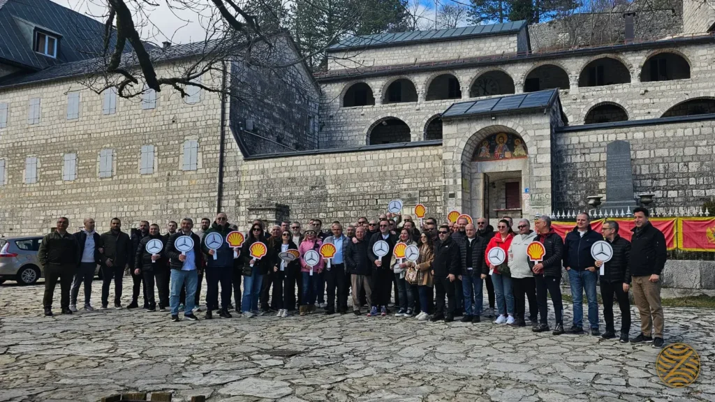 Corporate incentive group in front of Cetinje Monastery, Montenegro