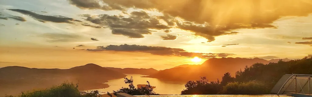 Sunset over the Bay of Tivat from the hills above the coast, Montenegro