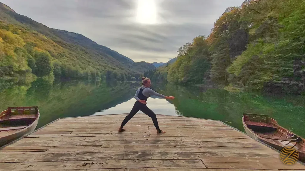 Morning stretch on a wooden jetty at Biograd Lake, Biogradska Gora National Park