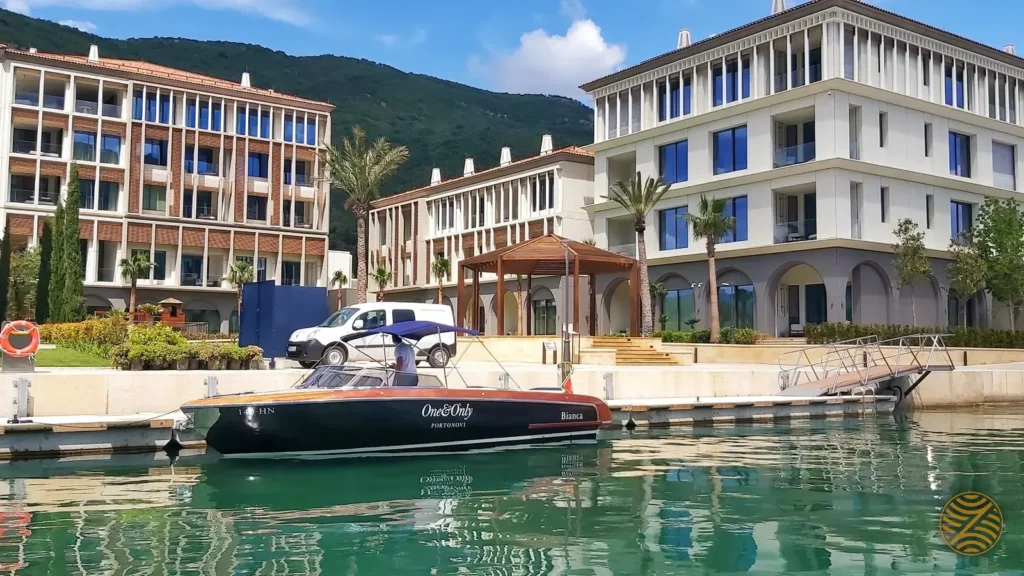 One&Only Portonovi resort with its private boat at the marina, Bay of Kotor, Montenegro