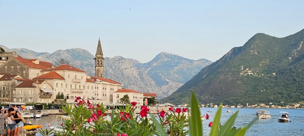 Perast waterfront and bell tower on the Bay of Kotor, luxury travel services in Montenegro