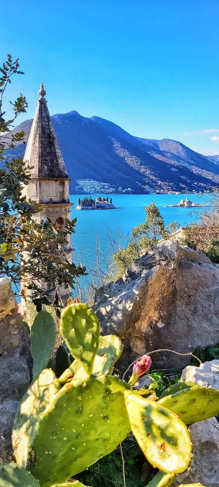 Perast bell tower overlooking the islands of the Bay of Kotor
