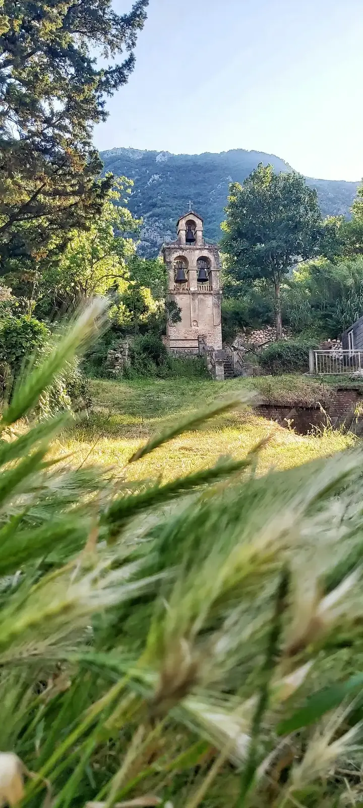 Old bell tower among green fields in Prčanj, Bay of Kotor