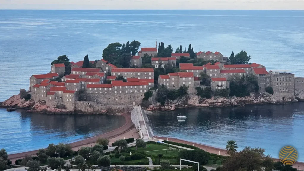 Sveti Stefan, the historic island hotel on the Budva Riviera, seen from above
