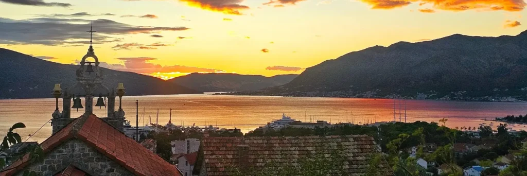 Sunset over Tivat and Porto Montenegro from an old church bell tower, home of Zeta Travel Montenegro