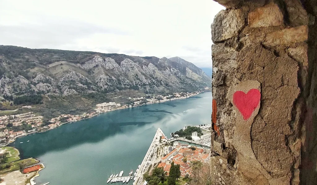 Heart painted on the Kotor fortress wall above the Bay of Kotor, Montenegro