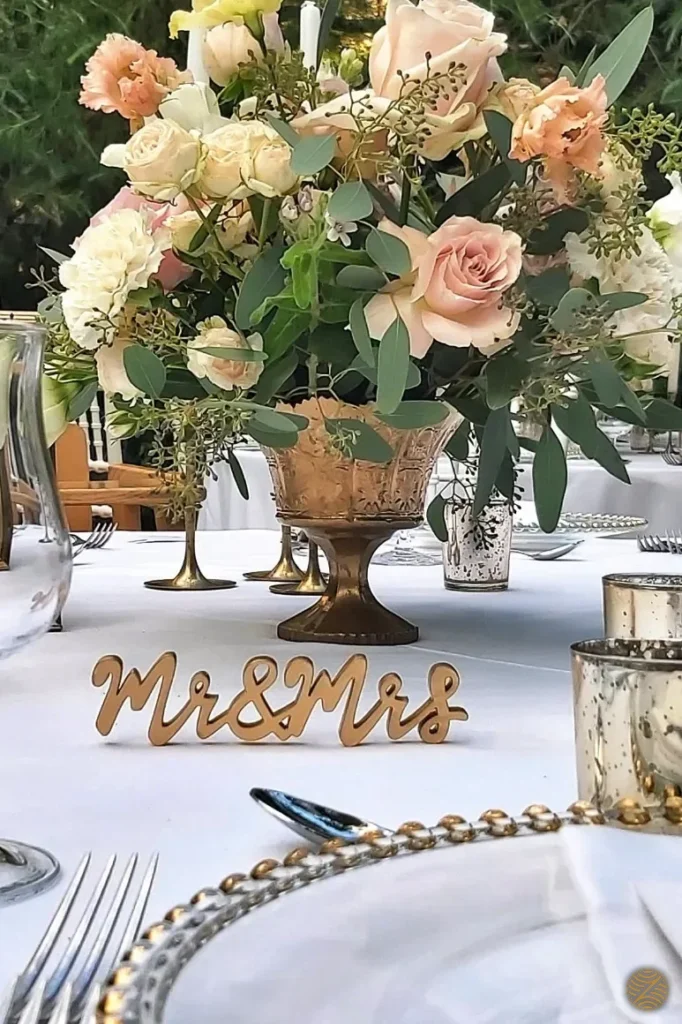 Wedding table with a Mr & Mrs sign, roses and gold-rimmed glassware, set for an outdoor reception in Montenegro